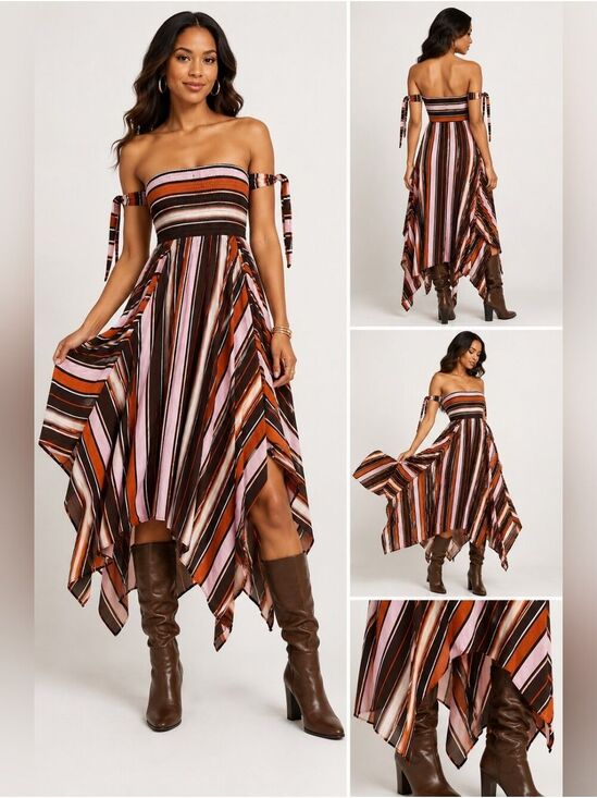 Umgee Dresses & Skirts - UMGEE Brown & Pink Striped Smocked Off-Shoulder Asymmetrical Dress
